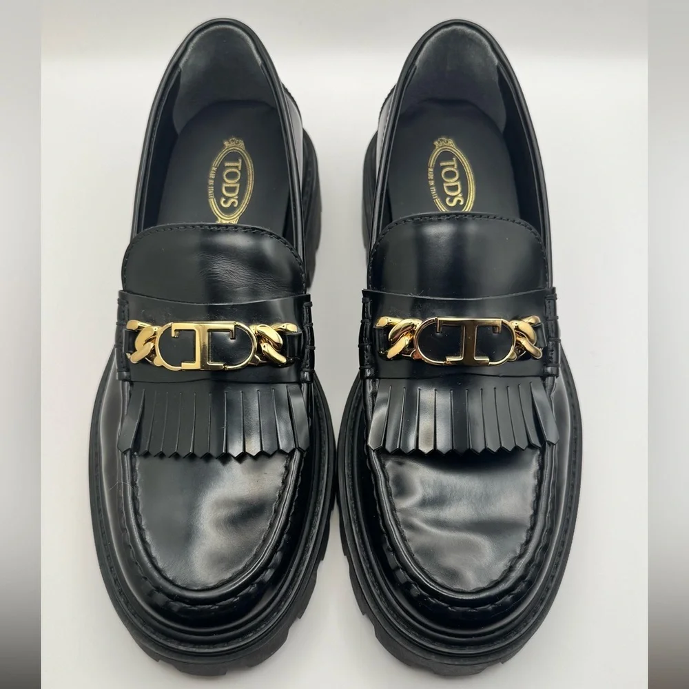 Tod's Fringed Loafers in Black Leather- size 37.5 - Picture 2 of 11